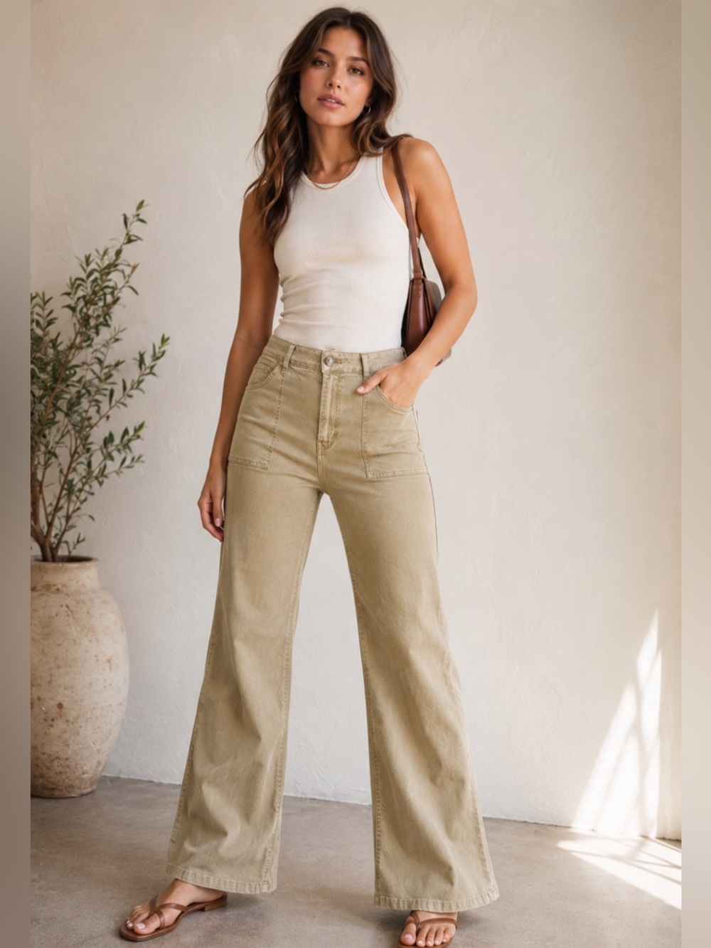 Pistola Lyla High Rise Wide Leg Bootcut Khaki Tan Chino Square Pocket Pants